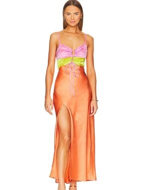 Show Me Your MuMu Pink, Lime & Orange Satin Colorblock Maxi Dress